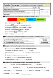 Les homophones - Fiches tout/tous/toux - toute/toutes - Évaluation, bilan : 7ème Harmos - PDF à imprimer