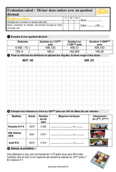 Diviser deux entiers avec quotient décimal - Évaluation, bilan : 7ème Harmos - PDF à imprimer