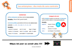 Les antonymes - Fiches des mots de sens contraire - Cours, Leçon, trace écrite : 7ème Harmos - PDF gratuit à imprimer