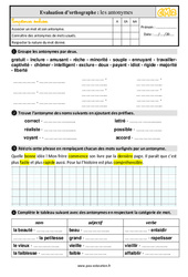 Les antonymes - Fiches des mots de sens contraire - Évaluation, bilan : 7ème Harmos - PDF à imprimer