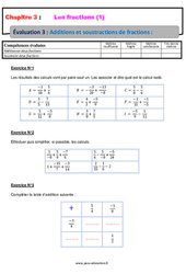 Additions et soustractions de fractions - Examen Evaluation, bilan, contrôle avec la correction : 10ème Harmos - PDF à imprimer