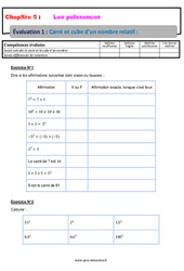 Carré et cube d’un nombre relatif - Examen Evaluation, bilan, contrôle avec la correction : 10ème Harmos - PDF à imprimer