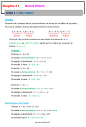 Factorisation - Calcul littéral - Cours : 10ème Harmos - PDF à imprimer