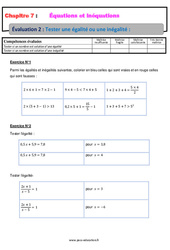 Tester une égalité ou une inégalité - Examen Evaluation, bilan, contrôle avec la correction : 10ème Harmos - PDF à imprimer