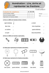 Lire, écrire et représenter les fractions - Examen Evaluation /  : 6ème, 7ème Harmos - PDF à imprimer