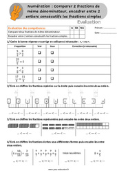 Comparer 2 fractions de même dénominateur, encadrer entre 2 entiers consécutifs les fractions simples - Examen Evaluation pour le /  : 6ème, 7ème Harmos - PDF à imprimer