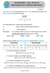 Lire, écrire et décomposer les nombres décimaux - Cours, Leçon : 6ème, 7ème Harmos - PDF gratuit à imprimer