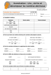 Lire, écrire et décomposer les nombres décimaux - Évaluation, bilan -  et  avec la correction : 6ème, 7ème Harmos - PDF à imprimer