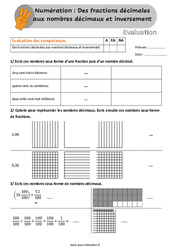 Des fractions décimales aux nombres décimaux et inversement - Évaluation, bilan /  avec la correction : 6ème, 7ème Harmos - PDF à imprimer