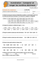 Comparer et ranger les nombres décimaux - Évaluation, bilan avec la correction : 6ème, 7ème Harmos - PDF à imprimer