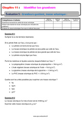 Grandeurs quotient, masse volumique - Examen Evaluation, bilan, contrôle avec la correction : 10ème Harmos - PDF à imprimer