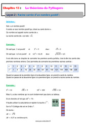 Racine carrée d’un nombre positif - Cours sur le théorème de Pythagore : 10ème Harmos - PDF à imprimer