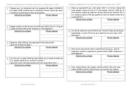 Multiplication - Nombres décimaux - Problèmes : 7ème Harmos - PDF à imprimer