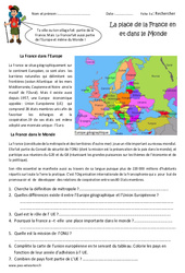 La place de la France dans l'Europe et le monde - Exercices : 6ème Harmos - PDF à imprimer