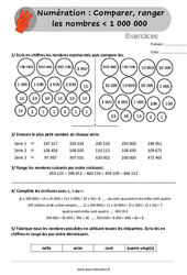 Comparer, ranger les nombres inférieur à 1 000 000 - Exercices, révisions  avec les corrigés : 6ème Harmos - PDF à imprimer