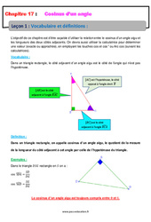 Vocabulaire et définitions - Cours sur le cosinus d’un angle : 10ème Harmos - PDF à imprimer