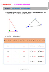 Vocabulaire et définitions - Révisions - Exercices avec correction sur le cosinus d’un angle : 10ème Harmos - PDF à imprimer