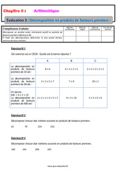 Décomposition en produits de facteurs premiers - Examen Evaluation, bilan, contrôle avec la correction - Arithmétique : 9eme Harmos - PDF à imprimer