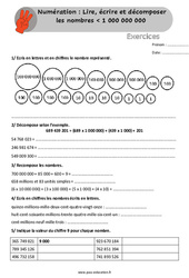 Lire, écrire et décomposer les nombres inférieur à 1 000 000 000 - Exercices, révisions  avec les corrigés : 6ème, 7ème Harmos - PDF à imprimer