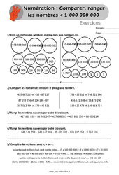 Comparer, ranger les nombres inférieur à 1 000 000 000 - Exercices, révisions  avec les corrigés : 6ème, 7ème Harmos - PDF à imprimer