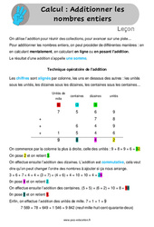 Additionner les nombres entiers - Cours, Leçon : 6ème, 7ème Harmos - PDF gratuit à imprimer