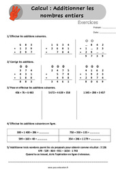 Additionner les nombres entiers - Exercices, révisions  avec les corrigés : 6ème, 7ème Harmos - PDF à imprimer