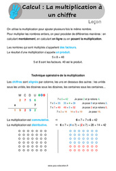 La multiplication à un chiffre - Cours, Leçon : 6ème, 7ème Harmos - PDF gratuit à imprimer