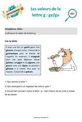 Les valeurs de la lettre g - Fiches ge/gu - Séance découverte à manipuler : 4ème Harmos - PDF à imprimer