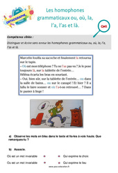 Les homophones grammaticaux ou, où, la, l’a, l’as et là - Séance découverte à manipuler : 6ème Harmos - PDF à imprimer