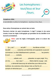 Les homophones - Fiches tout/tous et leur /leurs - Séance découverte à manipuler : 7ème Harmos - PDF à imprimer