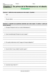 Du prince de la Renaissance au roi absolu - Examen Evaluation avec les corrections : 9eme Harmos - PDF à imprimer