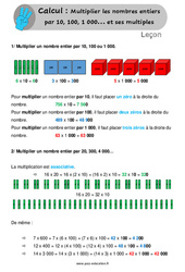 Multiplier les nombres entiers par 10, 100, 1 000… et ses multiples - Cours, Leçon : 6ème, 7ème Harmos - PDF gratuit à imprimer