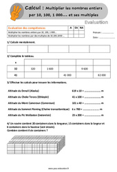 Multiplier les nombres entiers par 10, 100, 1 000… et ses multiples - Évaluation, bilan avec la correction : 6ème, 7ème Harmos - PDF à imprimer