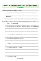 Humanisme, réformes et conflits religieux - Examen Evaluation avec les corrections : 9eme Harmos - PDF à imprimer