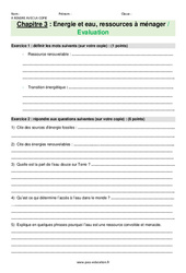 Energie et eau, des ressources à ménager - Examen Evaluation avec les corrections : 9eme Harmos - PDF à imprimer