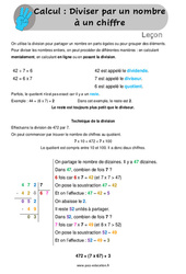 Diviser par un nombre à un chiffre - Cours, Leçon : 6ème, 7ème Harmos - PDF gratuit à imprimer