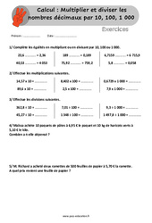 Multiplier et diviser les décimaux par 10, 100, 1000 - Exercices, révisions  avec les corrigés : 6ème, 7ème Harmos - PDF à imprimer