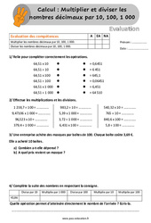 Multiplier et diviser les décimaux par 10, 100, 1000 - Évaluation, bilan avec la correction : 6ème, 7ème Harmos - PDF à imprimer