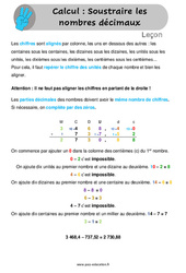 Soustraire les nombres décimaux - Cours, Leçon : 6ème, 7ème Harmos - PDF gratuit à imprimer