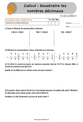 Soustraire les nombres décimaux - Évaluation, bilan avec la correction : 6ème, 7ème Harmos - PDF à imprimer