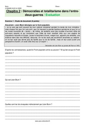 Démocraties et totalitarisme dans l’entre - deux - guerres - Examen Evaluation avec les corrections : 11ème Harmos - PDF à imprimer