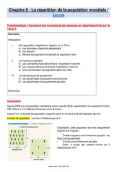 La répartition de la population mondiale - Cours : 8ème Harmos - PDF à imprimer