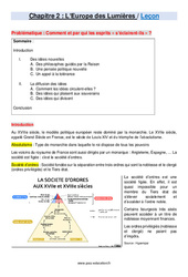 Cours L’Europe des Lumières - Cours : 10ème Harmos - PDF à imprimer