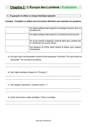 L’Europe des Lumières - Examen Evaluation avec les corrections : 10ème Harmos - PDF à imprimer