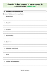 Les espaces et les paysages de l’urbanisation - Examen Evaluation avec les corrections : 10ème Harmos - PDF à imprimer