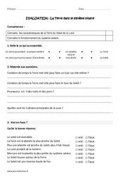 La Terre dans le système solaire - Examen Evaluation : 5ème Harmos - PDF à imprimer