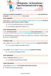 Sans - S’en - Sens - Sent - Cent et Sang (Les Homophones grammaticaux) - Préparation aux évaluations : 6ème Harmos - PDF à imprimer