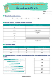 Les nombres de 20 à 29 - Exercices corrigés : 3eme Harmos - PDF à imprimer