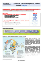 La France et l’Union européenne dans le monde - Cours : 11ème Harmos - PDF à imprimer