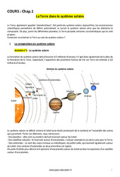 La Terre dans le système solaire - Cours : 9eme Harmos - PDF à imprimer